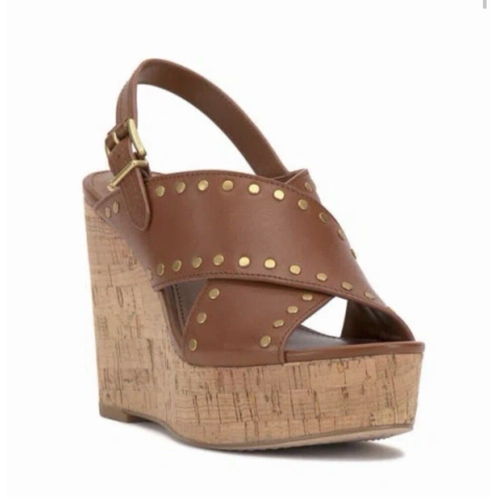 NIB Vince Camuto Ellna-S Brown Studded Cork Wedge Sandals Women’s 8.5